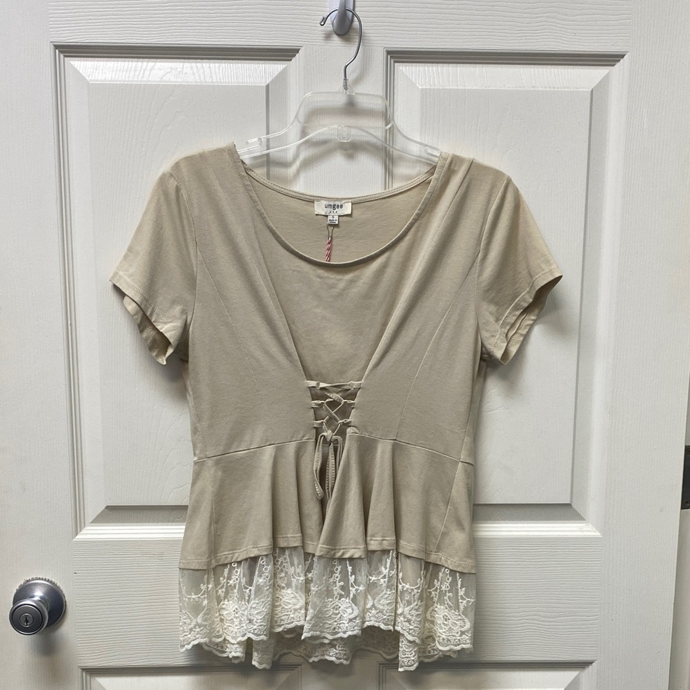 Umgee Lace-Trim Peplum Tunic in Beige